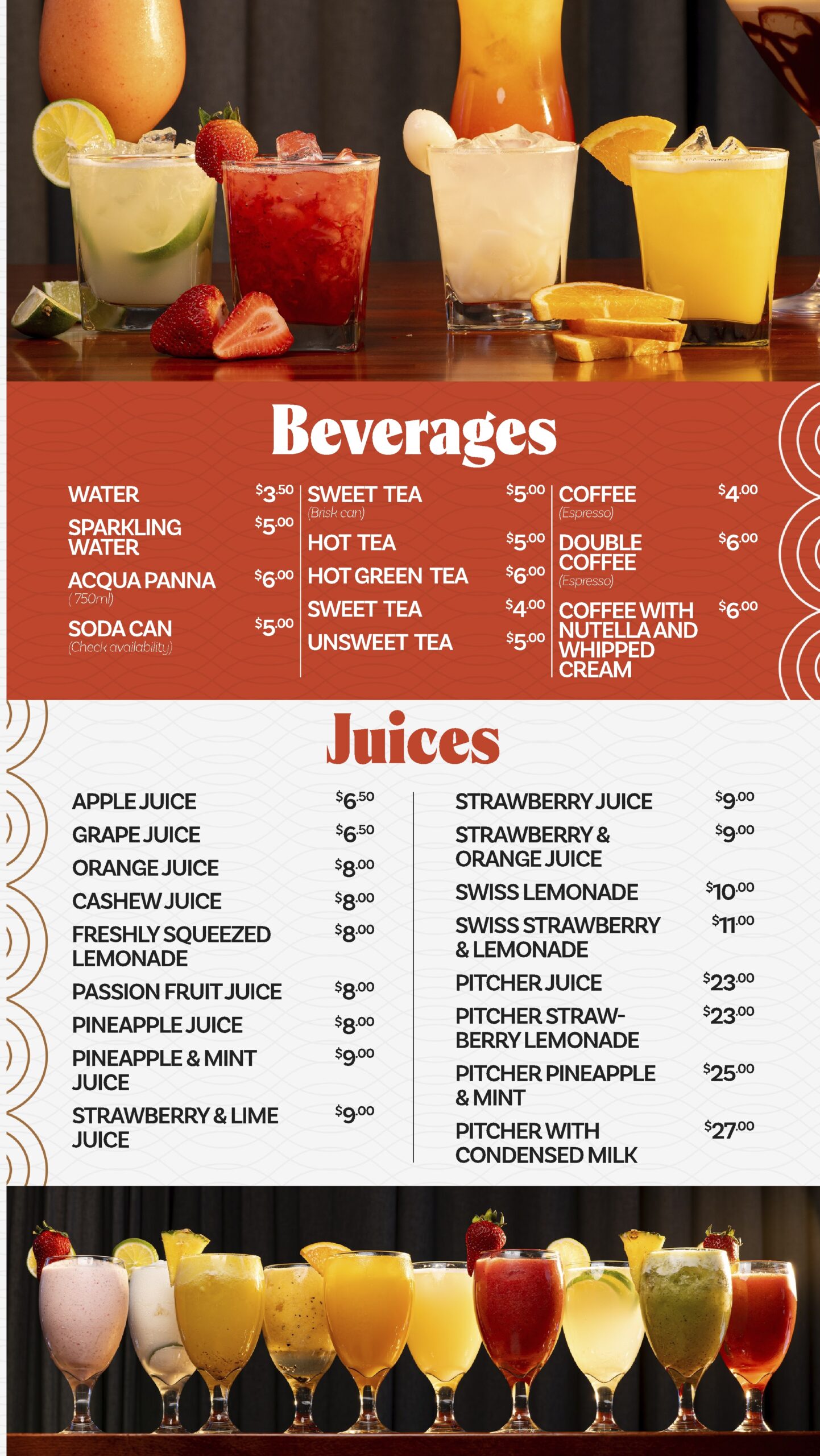 A menu featuring colorful drinks on a wooden table. Sections list Beverages like coffee, tea, water, and sparkling water, and Juices including apple, orange, pineapple, and pitcher options. Prices are displayed by each item.