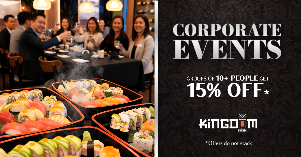 Corporate event at Kingdom Sushi with sushi platters and group dining experience