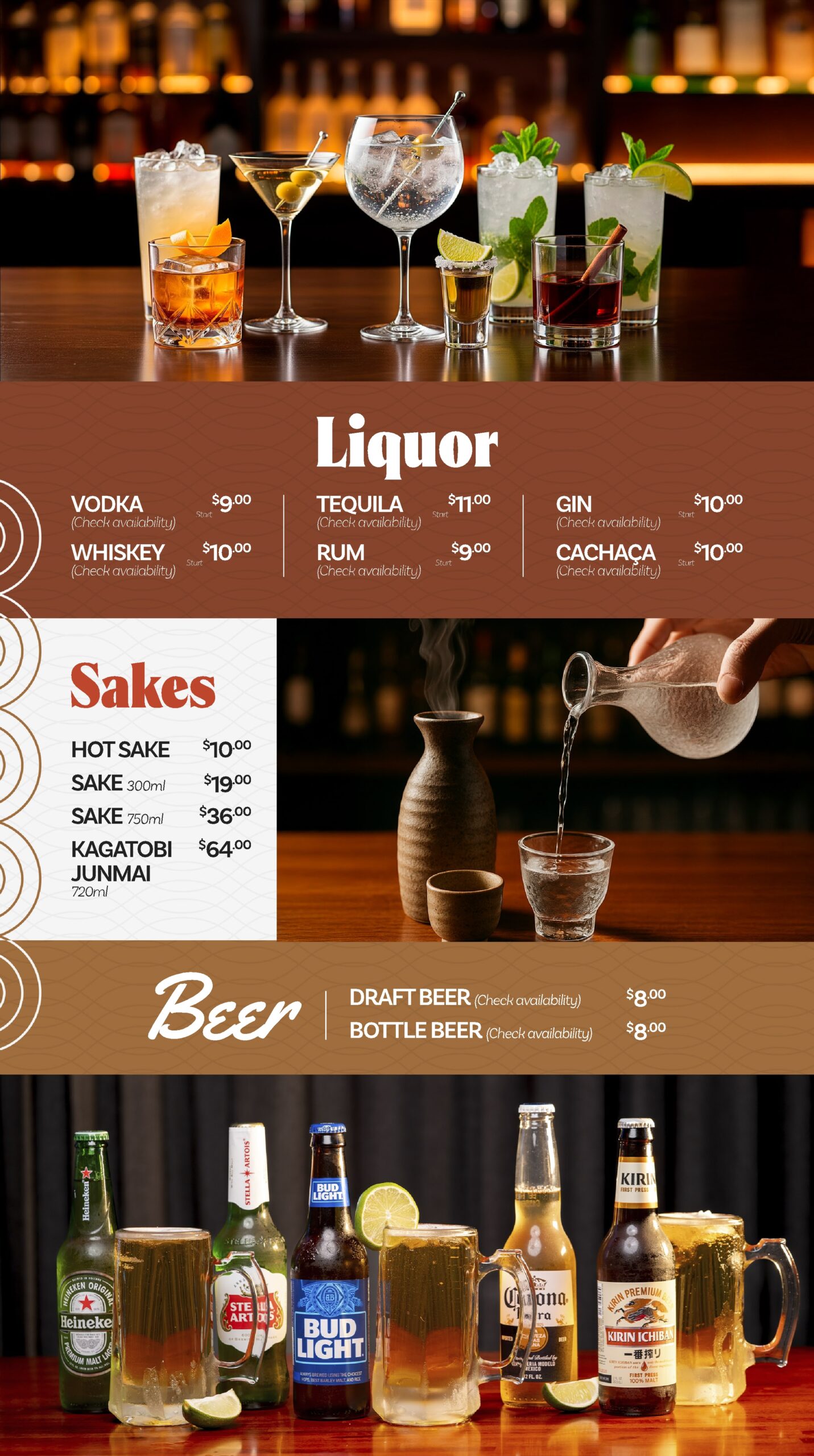 A drink menu features images of cocktails, sake being poured, and assorted beers. The menu lists prices for liquor, sakes, and beers, with bottles and mugs of beer shown at the bottom.