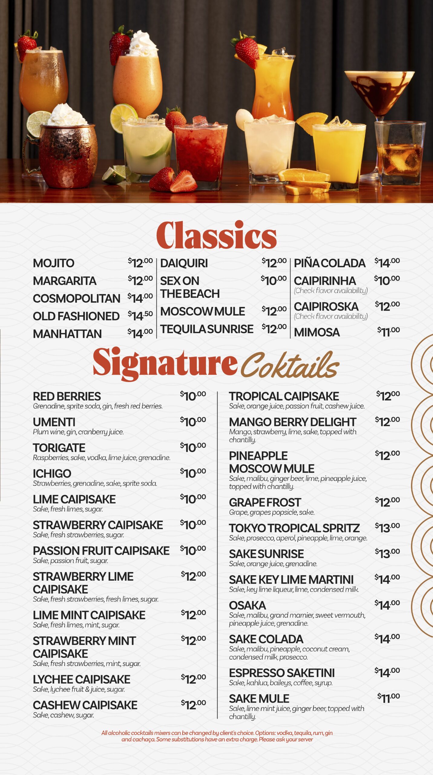 A cocktail menu with various colorful drinks at the top. Below, the menu lists “Classics” and “Signature Cocktails” with names, ingredients, and prices in a neat, organized layout on a white background.