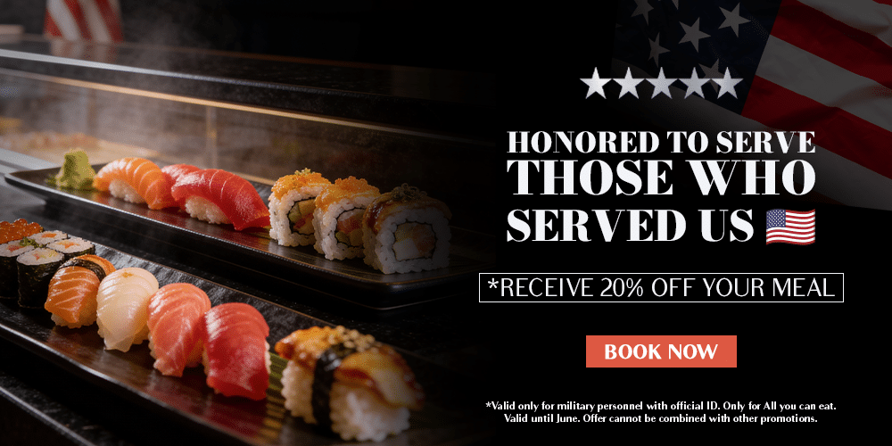 A variety of fresh nigiri and sushi rolls on a dark tray with a US flag background.