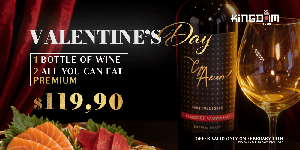 Valentine's Day dinner special with sushi platter and wine bottle.