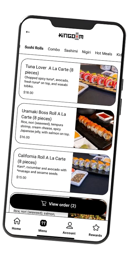 Kingdom Sushi mobile app displaying sushi menu and order screen on a smartphone