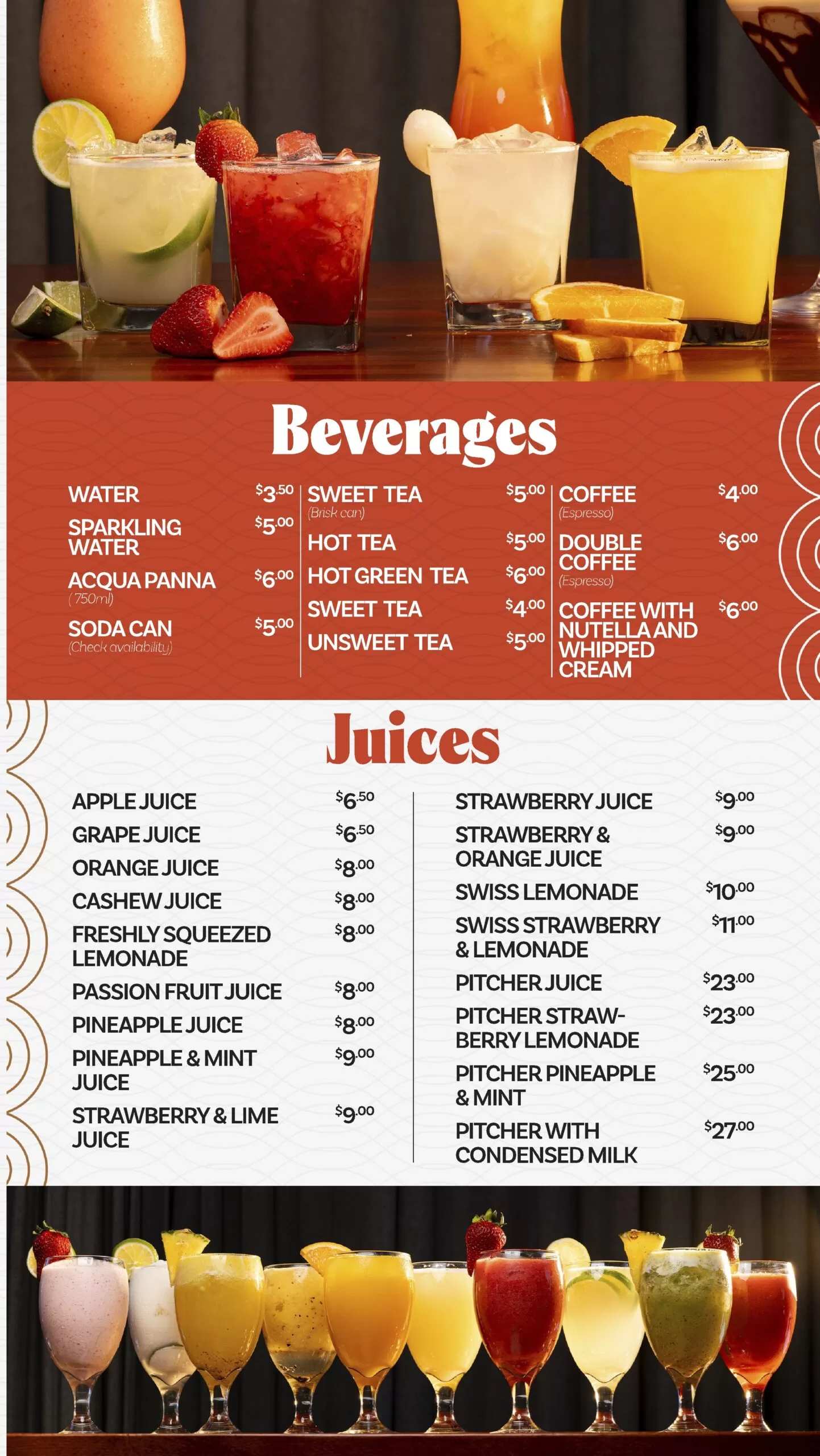 A menu featuring colorful drinks on a wooden table. Sections list Beverages like coffee, tea, water, and sparkling water, and Juices including apple, orange, pineapple, and pitcher options. Prices are displayed by each item.