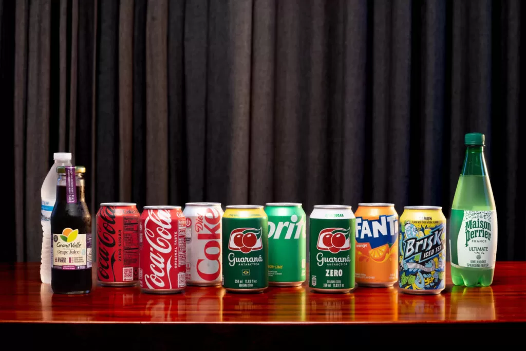 Variety of beverages served at Kingdom Sushi, including sodas, juice, iced tea, and water.